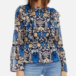INC Floral Regal Top Sheer Bell Sleeve High Neck Fairy Ruffle Boho Crochet L